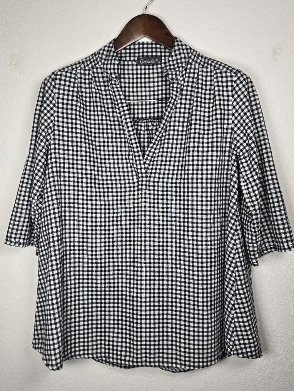 Gamiss Gingham Plaid V-Neck Roll-Tab Sleeve Blouse Tunic Top Black White XL